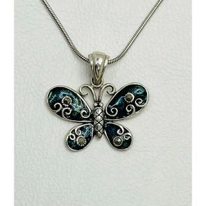 925 Sterling Silver Enameled Marcasite Butterfly Pendant Necklace